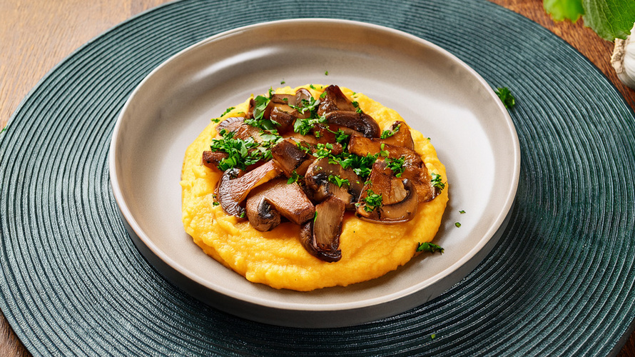 Rezeptbild für Kräuterseitlinge<br>mit Kürbis-Kartoffel-Püree