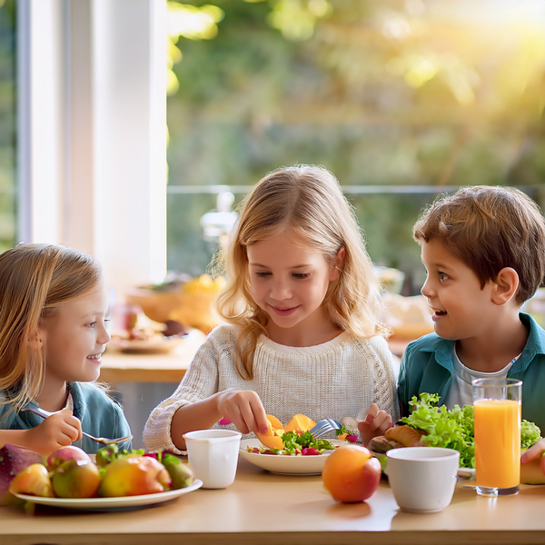 Drei Kinder essen gemeinsam gesundes Frühstück mit Obst und Salat an einem Tisch.