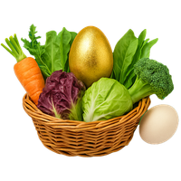 KI generiert: Ein Korb mit Gemüse und Eiern, darunter ein goldenes Ei, auf weißem Hintergrund.