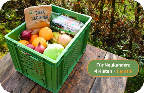 KI-generierte Beschreibung: Hauptinhalt: Bio-Obst und Gemüse in einer Ökokiste. Text: "BIO & REGIONAL", "Für Neukunden: 4 Kisten + 1 gratis".