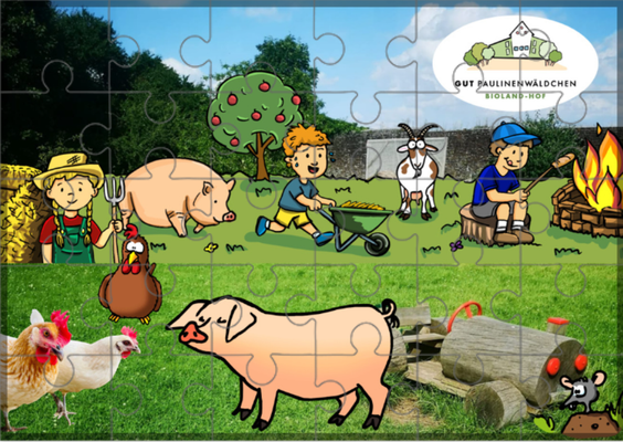 KI generiert: Das Bild zeigt ein Puzzle mit Bauernhoftieren und Kindern bei Aktivitäten. Text: "Gut Paulinenwäldchen Bioland-Hof".