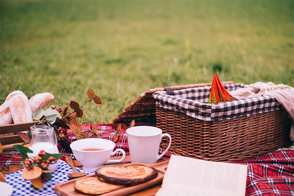 KI generiert: Ein Picknick-Arrangement mit Tee, Gebäck und einem Picknickkorb auf einer Decke im Freien.