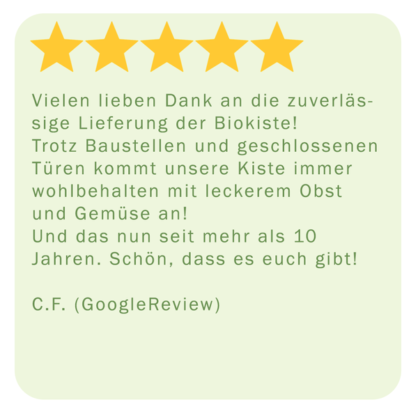 KI generiert: Das Bild zeigt eine 5-Sterne-Bewertung mit einem positiven Kundenkommentar zur zuverlässigen Biokiste.