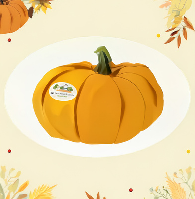 KI generiert: Bild eines Kürbisses mit einem Etikett: "Gut Paulinenwäldchen Bioland-Hof", umgeben von herbstlichen Motiven.