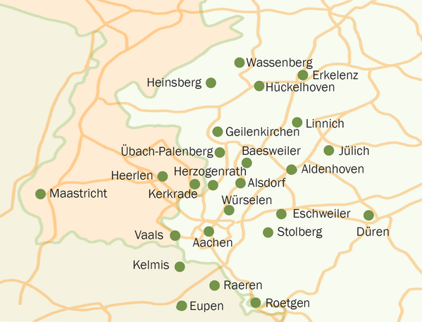 KI generiert: Karte der Region um Aachen mit umliegenden Städten: Sittard, Maastricht, Heinsberg, Erkelenz, Jülich, Eupen.