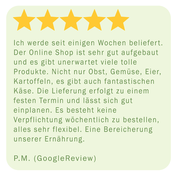 KI generiert: Ein Fünf-Sterne-Google-Review lobt einen flexiblen Online-Shop für Lebensmittel.
