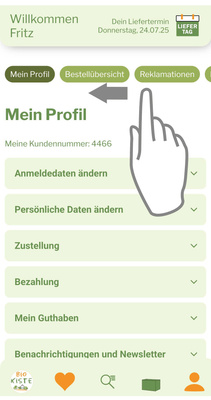 KI generiert: Ein Benutzerprofilbildschirm einer Lieferdienst-App mit Optionen zur Datenänderung und Kundenummer 4466.