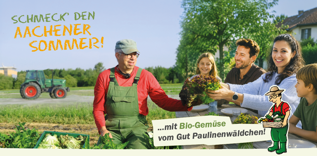 KI generiert: Eine Familie isst Bio-Gemüse im Freien. Text: "Schmeck' den Aachener Sommer!...mit Bio-Gemüse vom Gut Paulinenwäldchen!"