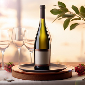 Weinflasche auf dekoriertem Tisch, umgeben von Weingläsern und Blumen.