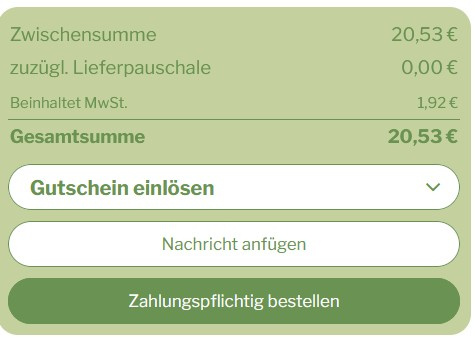 KI generiert: Zusammenfassung einer Bestellung mit Gesamtpreis 20,53 €, Option für Gutschein und Nachricht.