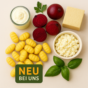 KI generiert: Verschiedene Lebensmittel: Joghurt, rote Beete, Käse, Gnocchi. Text: "NEU BEI UNS".