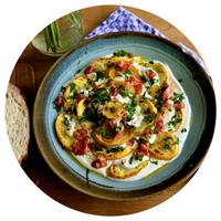 KI generiert: Ein Teller mit geröstetem Gemüse, Tomaten, Kräutern und Joghurt. Daneben ein Stück Brot.