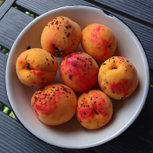  Eine Schale mit sieben reifen Aprikosen auf einem Holztisch.
