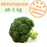 KI generiert: Brokkoli mit Text: "Aktionspreis ab 1 kg, aus eigenem Anbau".