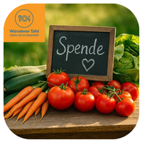 KI generiert: Frisches Gemüse und eine Tafel mit "Spende" darauf. Text: "Würselener Tafel – Essen, wo es hingehört".