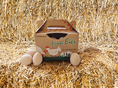 Ein Glas Bio-Erdbeerkonfitüre vor Erdbeeren, Aufschrift: "aus hofeigenen Früchten", "aus der Hofküche".