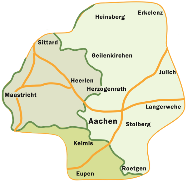 KI generiert: Karte der Region um Aachen mit umliegenden Städten: Sittard, Maastricht, Heinsberg, Erkelenz, Jülich, Eupen.