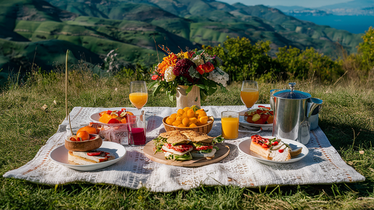 Picknick auf einer Decke mit verschiedenen Speisen und Getränken vor einer malerischen Landschaft.