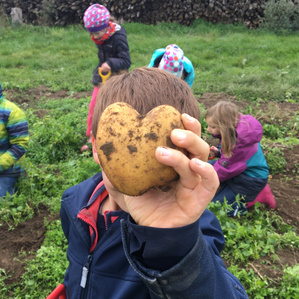 Ein Kind hält eine herzförmige Kartoffel vor dem Gesicht; Hintergrund: spielende Kinder auf dem Feld.