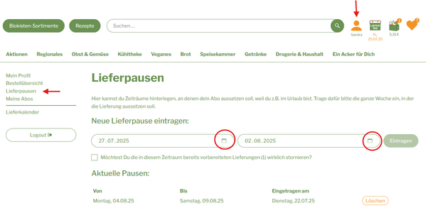 KI generiert: Webseite für Lieferpausen von Abos; zeigt Datumsauswahl und aktuelle Pausen. Enthält Text und Kalender.