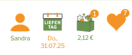 KI generiert: Benutzeroberfläche mit Symbolen für Benutzer, Lieferdatum, Warenkorbwert und Herz-Anzeige. Text: "Sandra" und "Do., 31.07.25".